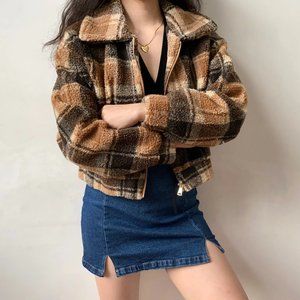 Checked Fuzzy Teddy Short Jacket Coat (size 4)